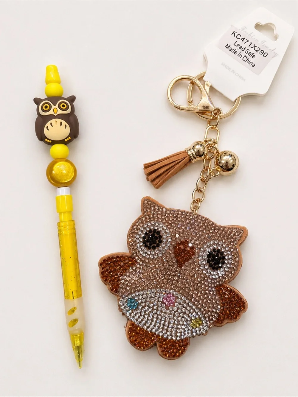 Crystal Owl Keychain Bag Charm with Tassel - Brown